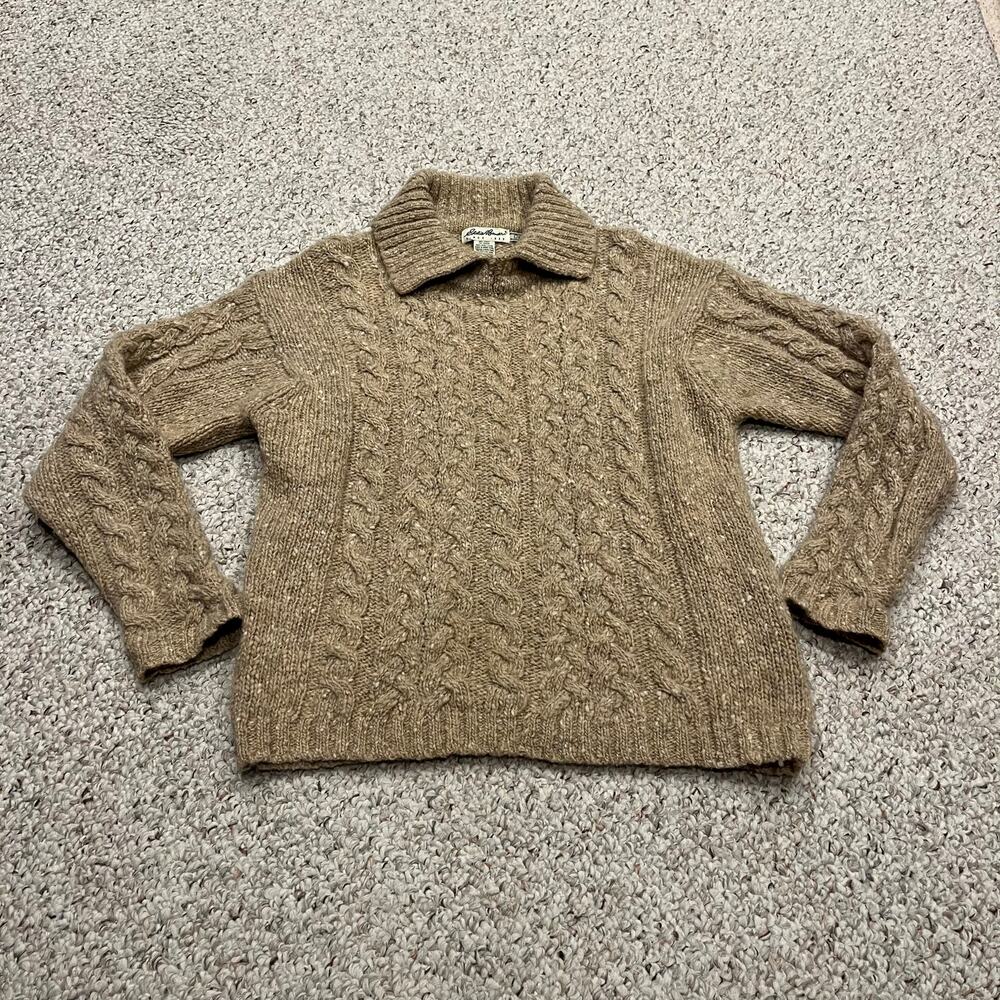 Vintage Eddie Bauer Wool Polo Sweater Sz L Tan Cable Knit Preppy Classic